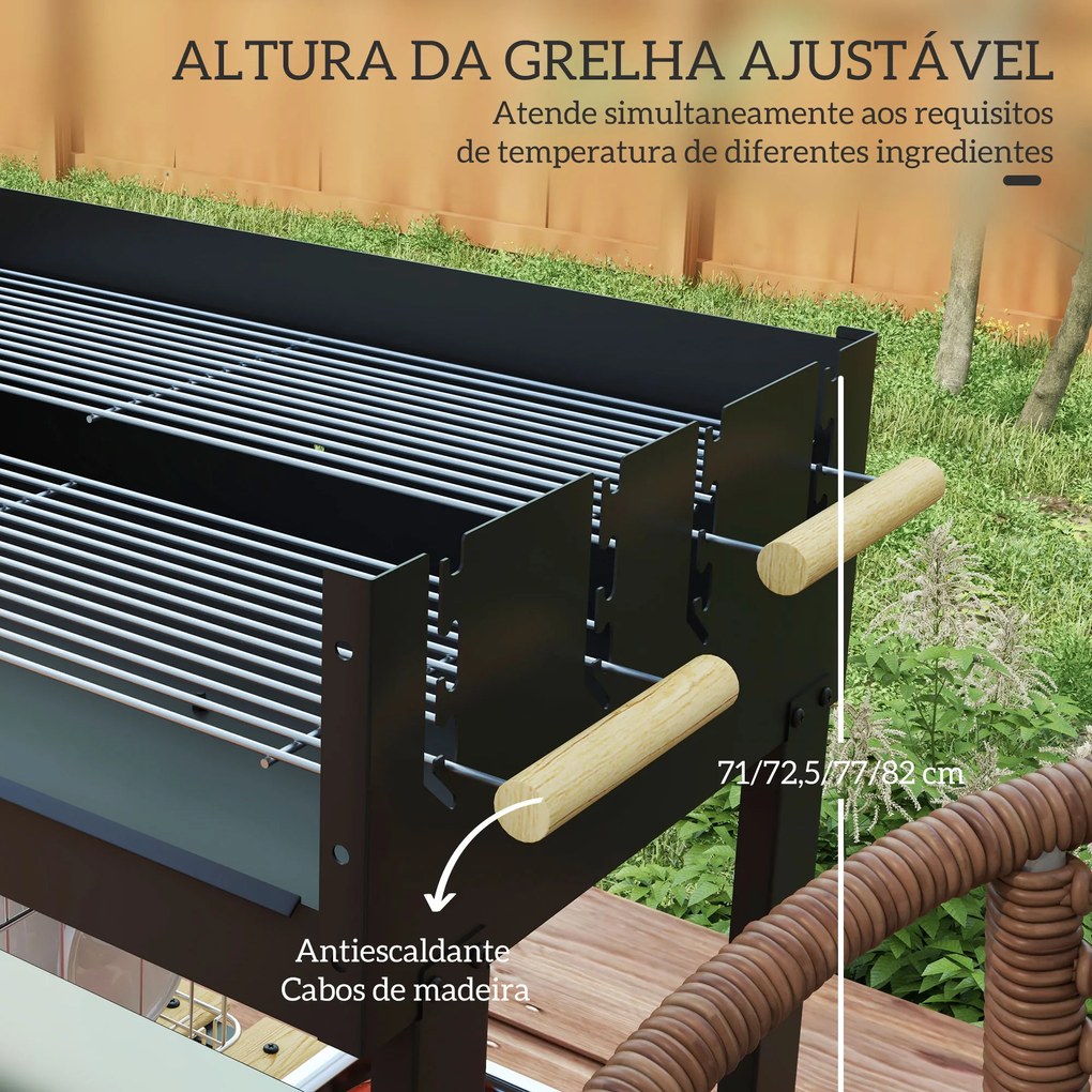 Churrasqueira a Carvão 113x53,5x82,5 cm com 2 Grelhas Alturas Ajustáveis Mesa Lateral, Prateleira e Rodas para Jardim Preto
