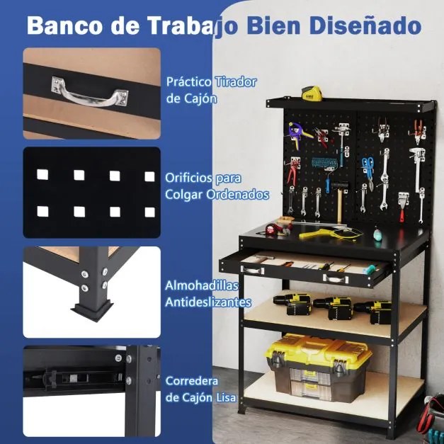 Bancada de trabalho com gavetas Estantes 20 ganchos Estação de trabalho em metal para garagem Oficina Preto