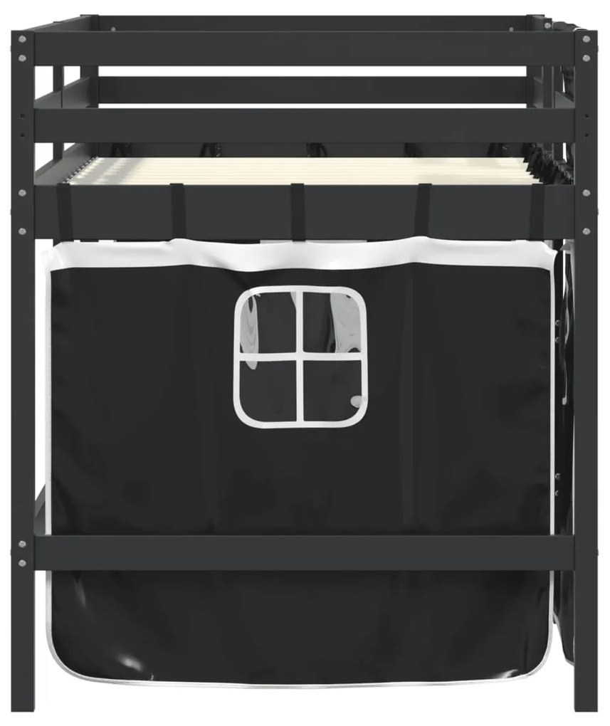 Cama alta criança c/ cortina 90x200cm pinho maciço branco/preto