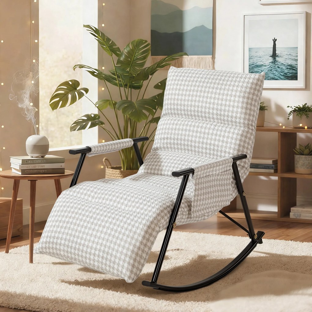 Poltrona Baloiço com Encosto e Apoia-Pés Ajustáveis 105° Estofada em Linho com Bolso Lateral Cinzento e Branco