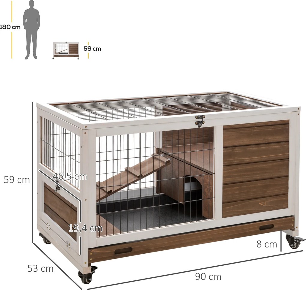 Gaiola para coelhos com rodas, 2 andares, porta com fechadura, teto abrível, tabuleiro deslizante e rampa, castanho e branco