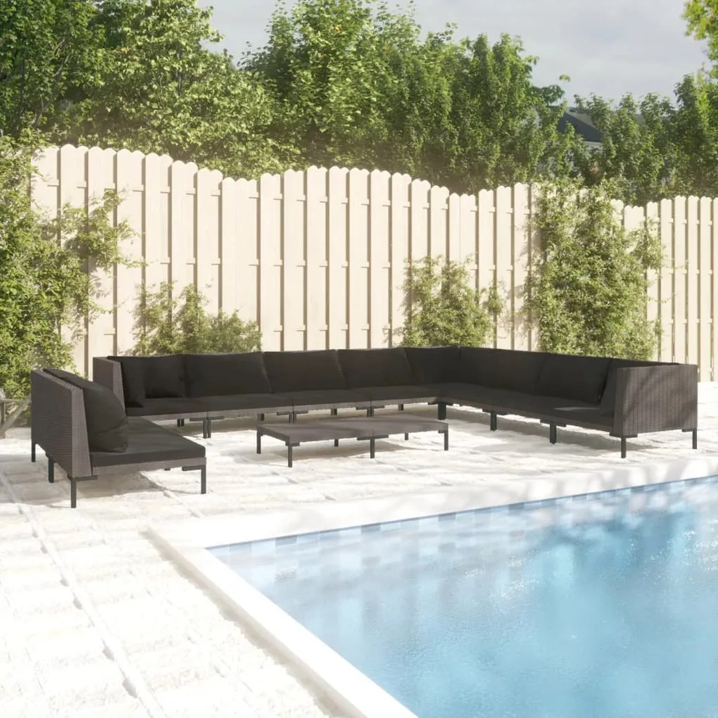 vidaXL 11 pcs conj. lounge jardim c/ almofadões vime PE cinza-escuro