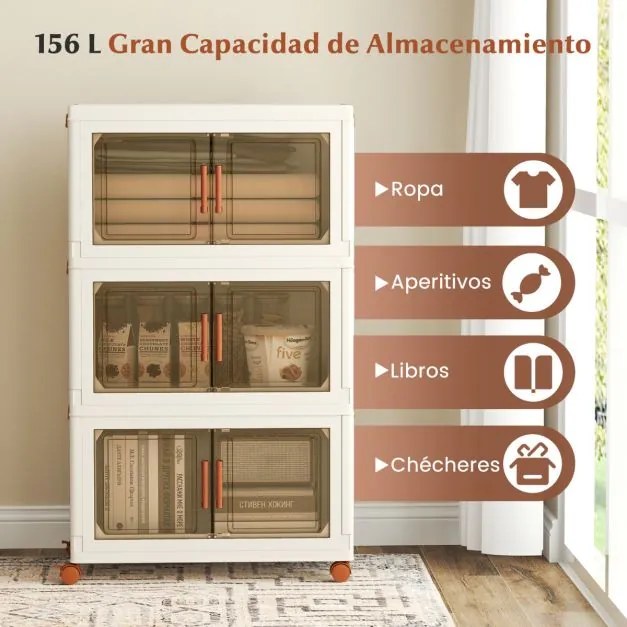 Caixas arrumação Dobráveis Pack de 3 Caixas 156 L de Armazenamento de Plástico Empilháveis com Rodas Branco e Castanho