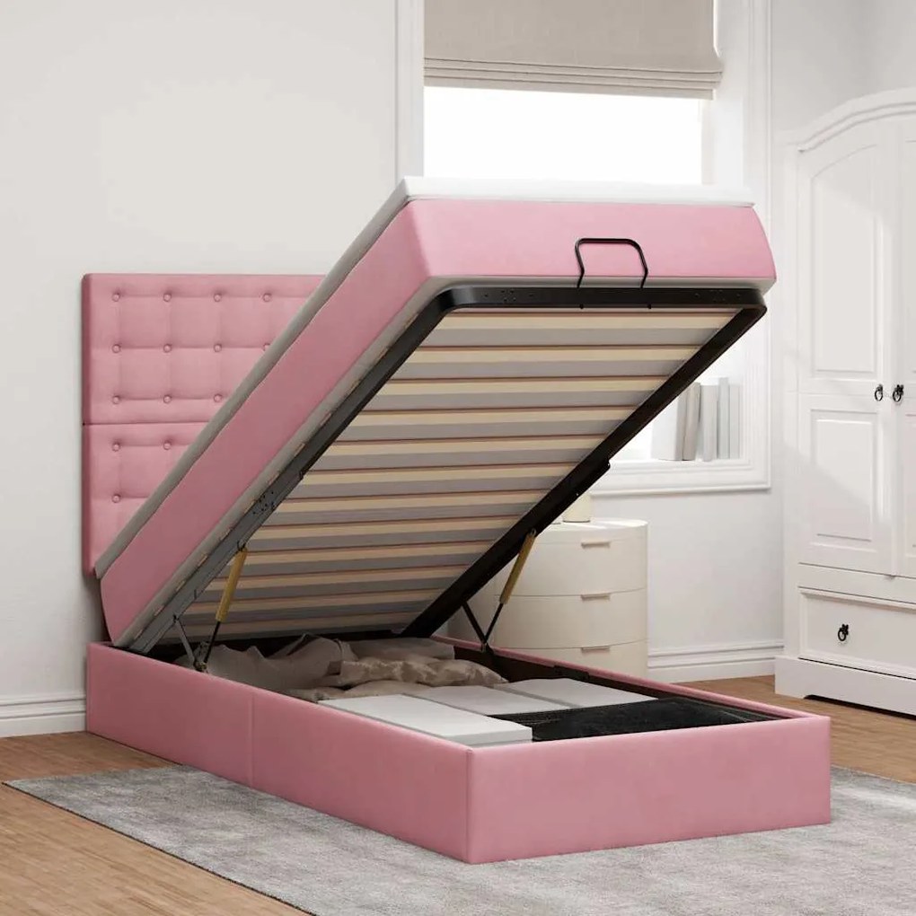 vidaXL Estrutura de cama otomana com colchões rosa 90x200cm veludo