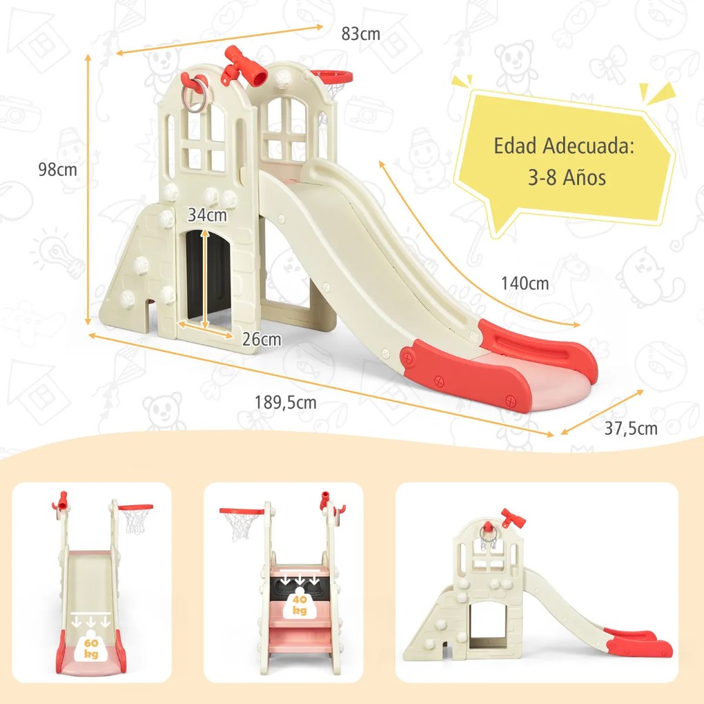 Escorrega infantil grande 6 em 1 jogo com cesto bola anel telescópio interior exterior 189,5 x 83 x 98 cm rosa