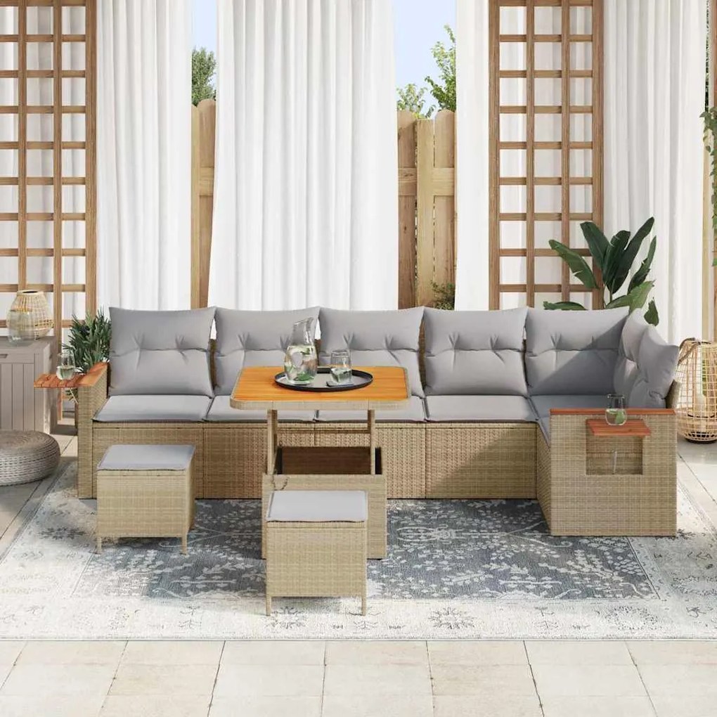 Conjunto de Sofá de Jardim vidaXL 9 Peças com Almofadas Bege Vime de P