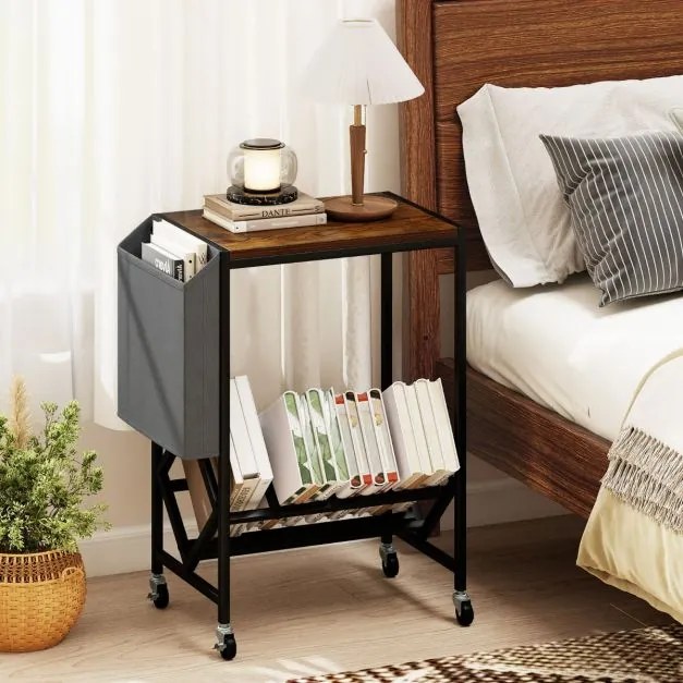 Suporte para gira-discos com armazenamento 49,5 x 30 x 64 cm para discos de vinil e revistas com rodas Castanho