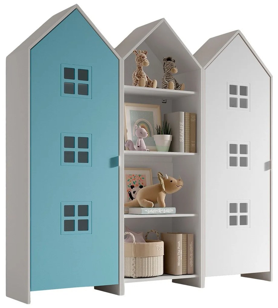 Conjunto 2 armarios Guarda Roupa infantil + estante infantil coleção CASAMI Azul e Branco