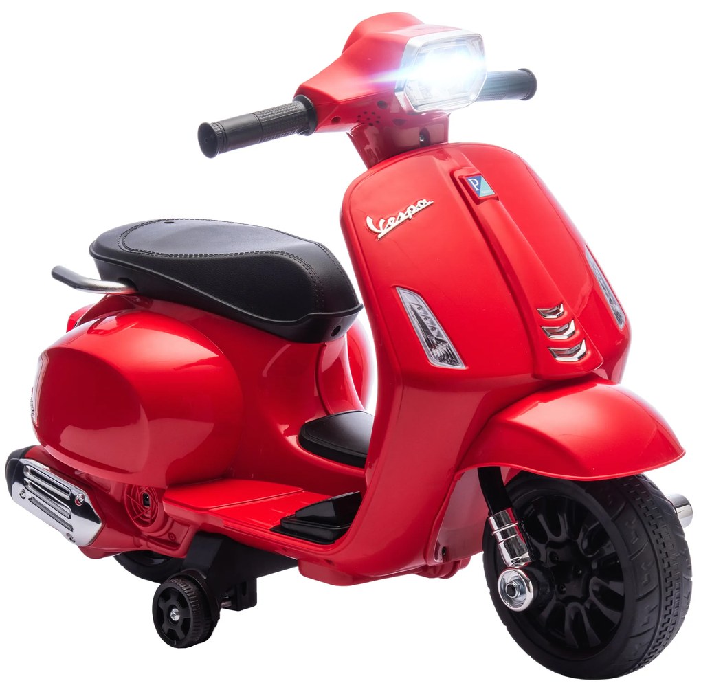 AIYAPLAY Mota Elétrica para Crianças 6V com Licença Vespa Rodas Auxiliares Velocidade de 2,5km/h Farol e Buzina 71x37x52 cm Vermelho | Aosom Portugal
