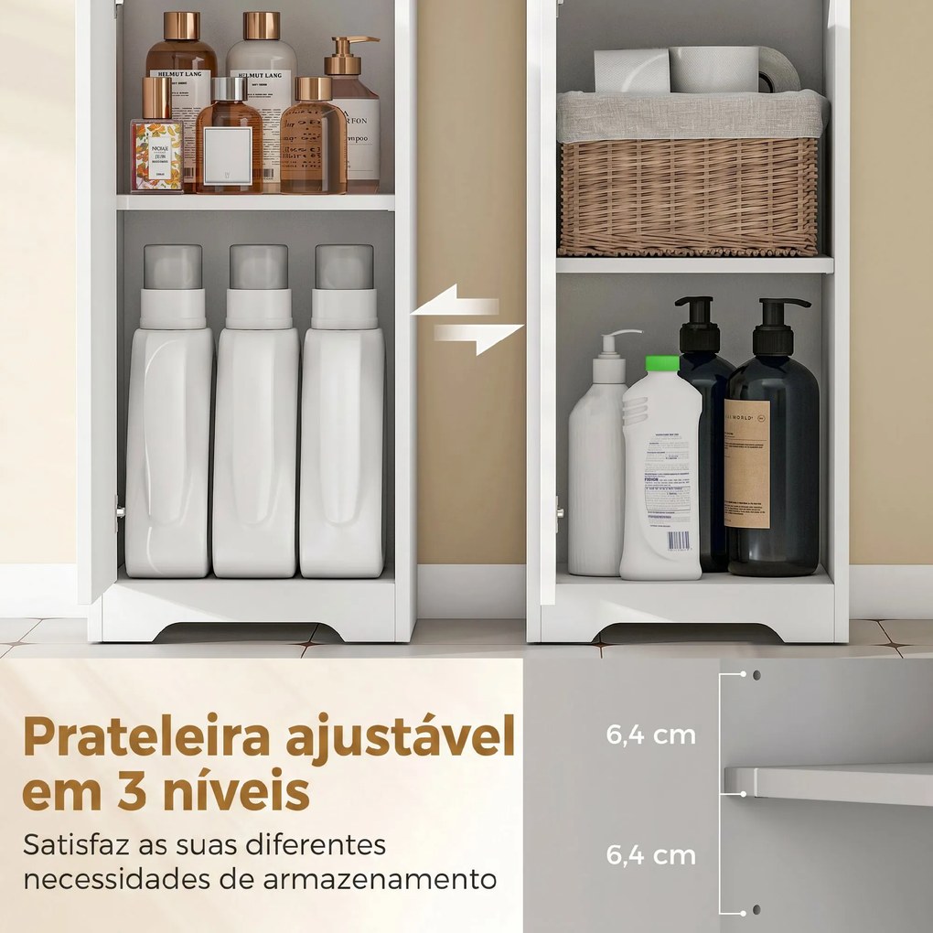 Armário Alto de Casa de Banho com Gaveta Design Canelado Prateleira Ajustável Prateleiras Abertas para Espaços Pequenos Branco