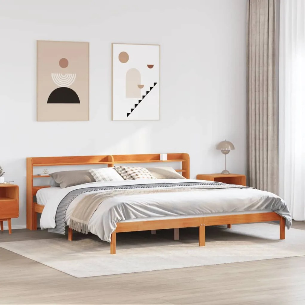 Estrutura cama c/ cabeceira 200x200cm pinho maciço castanho-mel