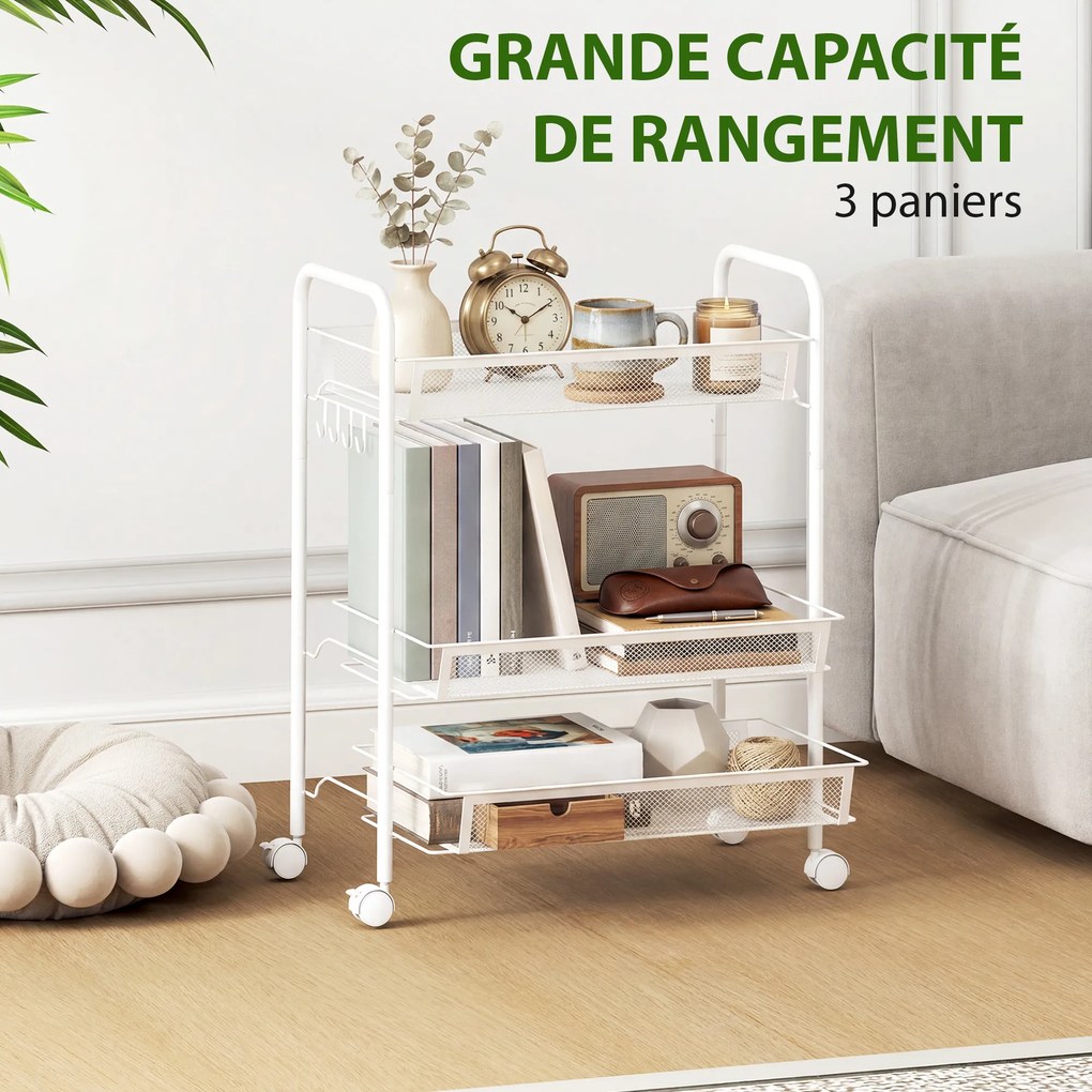 Carrinho de 3 níveis com cestos de cozinha com Rodas  45 x 26,5 x 63 cm, carrinho de arrumação com Rodas,, branco