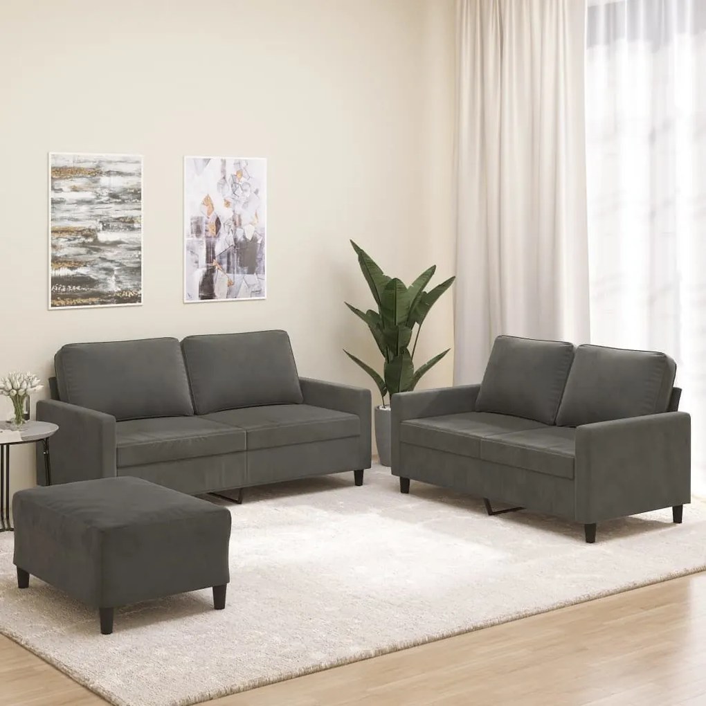 vidaXL 3 pcs conjunto de sofás com almofadões veludo cinzento-escuro