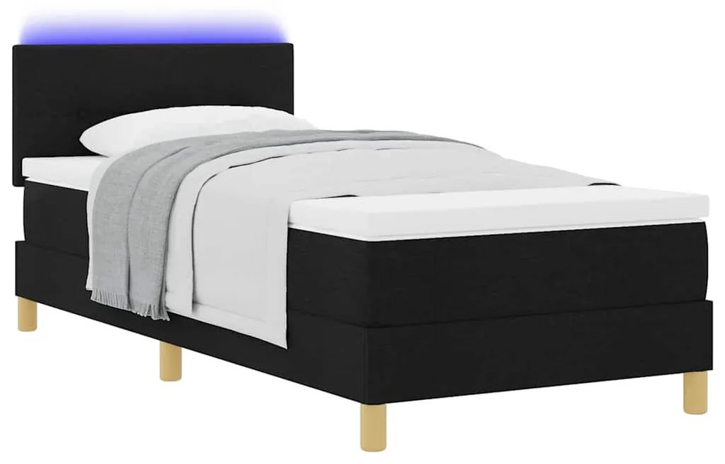 Cama Box Spring com Colchão e LED Preta 90x190 cm Tecido