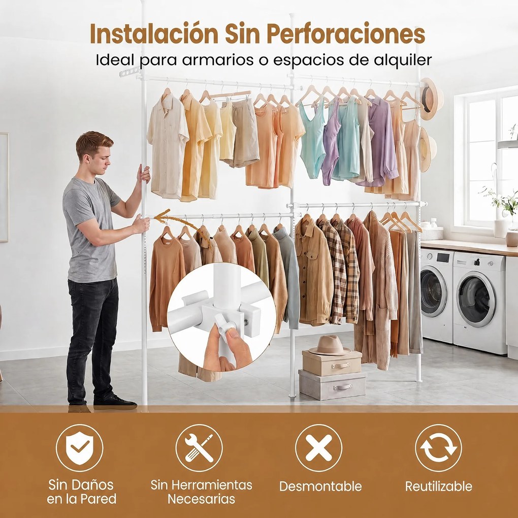 Cabideiro de Roupa 139-244 x 110-315 cm , Estrutura de Pé com 4 Barras Extensíveis, Branco