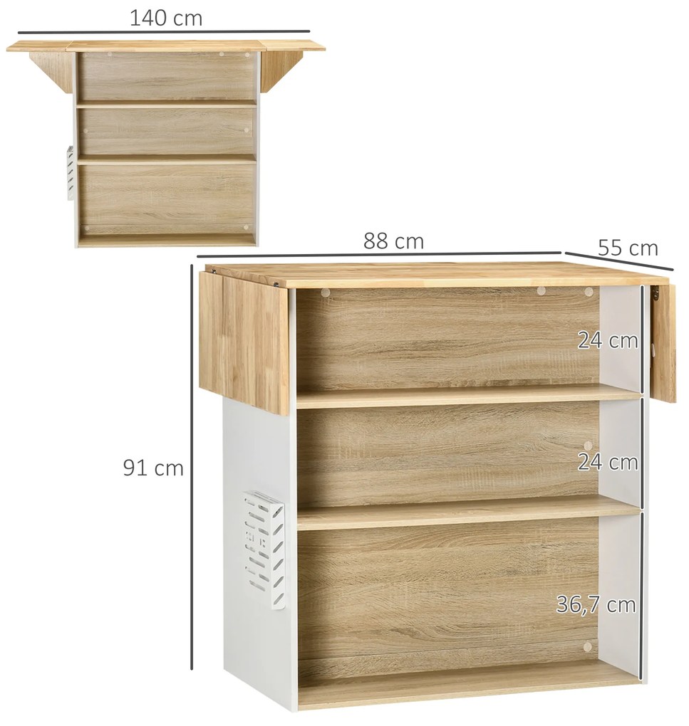 HOMCOM Móvel Ilha de Cozinha Carrinho de Cozinha com Laterais Abatíveis 3 Prateleiras Abertas e Suporte para Facas para Sala de Jantar Restaurante Estilo Moderno 140x55x91cm Carvalho e Branco