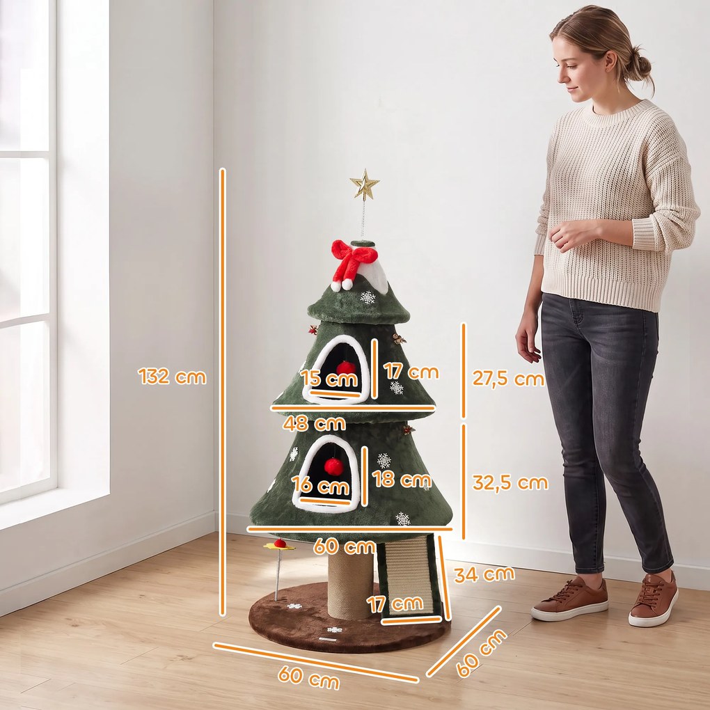Árvore Arranhadora para Gatos 132 cm com 2 Casinhas, Design de Natal, Escada de Sisal, Verde