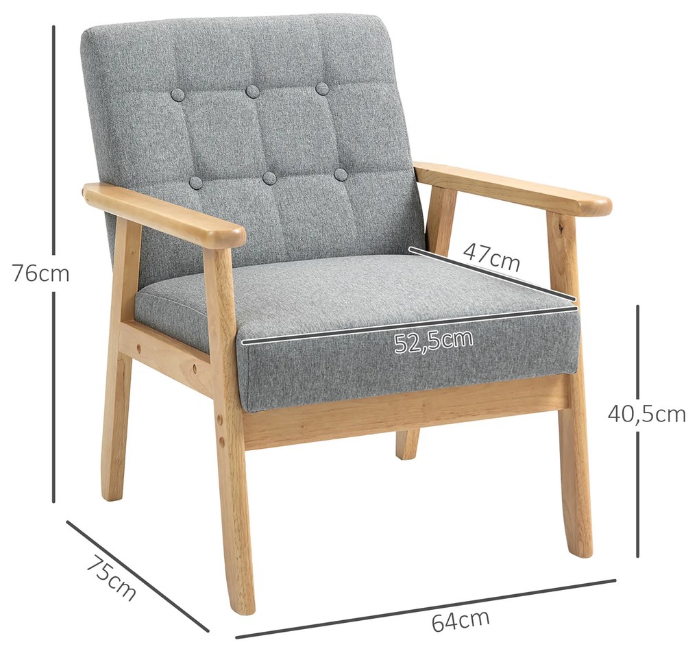 Poltrona Sala de Estar Estofada em Linho com Apoio para os Braços e Estrutura de Madeira de Borracha 64x75x76 cm Cinza Claro