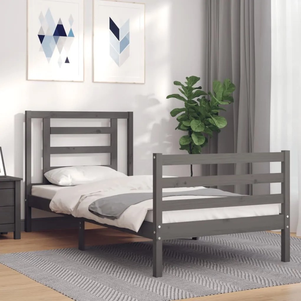 vidaXL Estrutura de cama com cabeceira 90x200 cm madeira maciça cinza