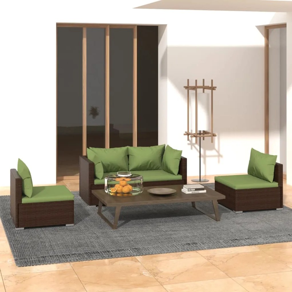 vidaXL 4 pcs conjunto lounge jardim c/ almofadões vime PE castanho