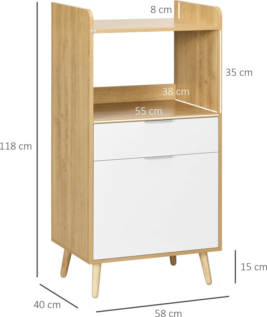 Móvel de apoio para micro-ondas com armário, gaveta e prateleira ajustável, 58 x 40 x 118 cm, em tons naturais e branco