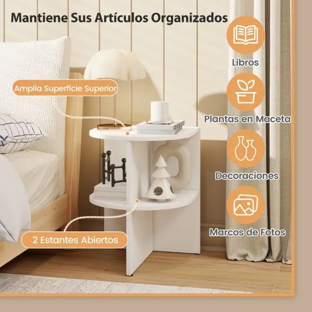 Conjunto de 2 mesas auxiliares semicirculares com prateleiras abertas para espaços pequenos brancas