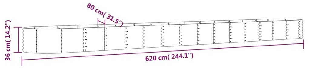 Canteiro elevado jardim 620x80x36cm aço revestido a pó cinzento