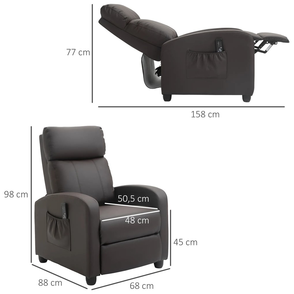 Poltrona de Massagem Poltrona Relax Reinclinável com Controle Remoto 2 Zonas de Massagem 8 Programas 5 Níveis de Intensidade Estofado em PU 68x88x98cm