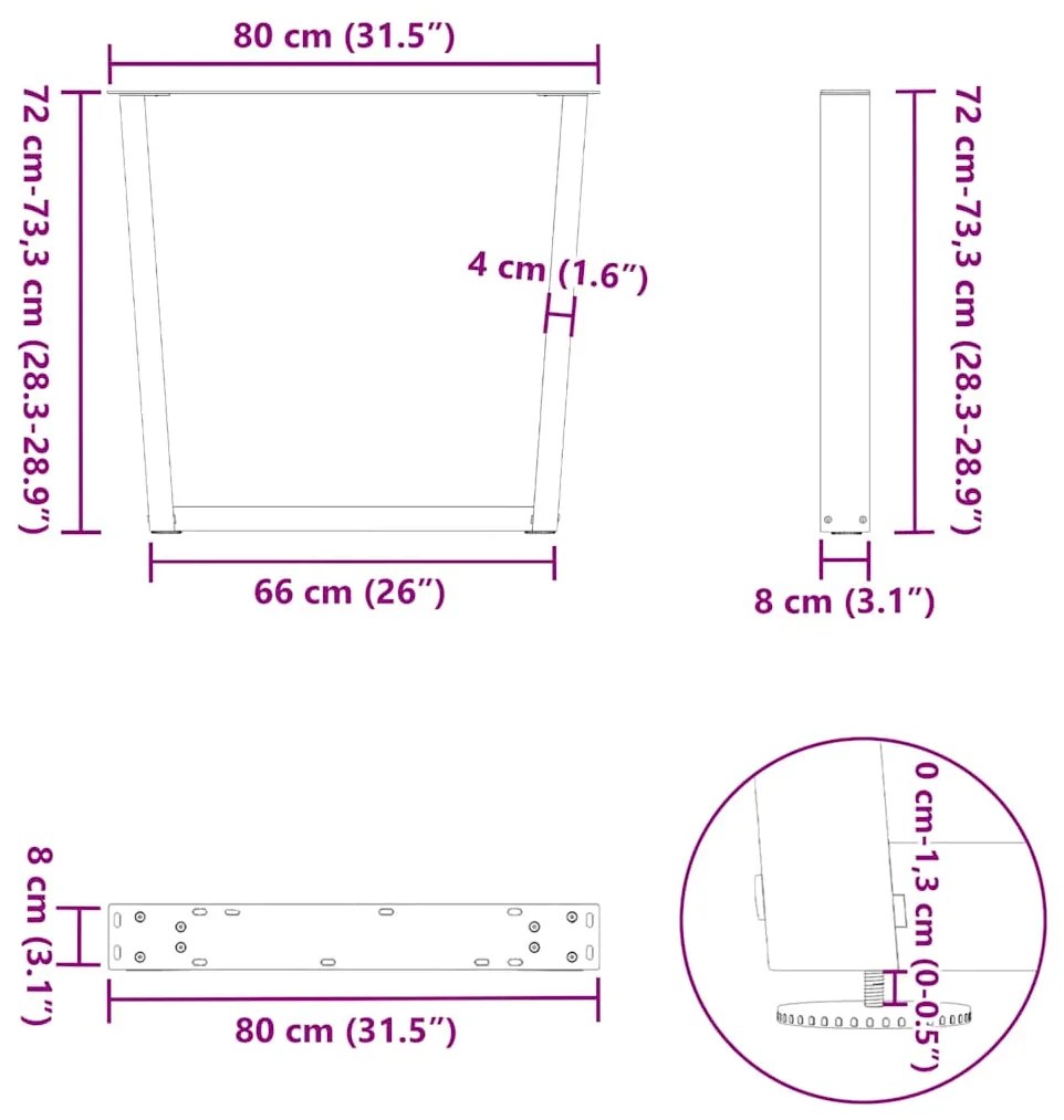 Mesa de jantar pernas 2 pcs forma V 80x(72-73,3) cm aço natural