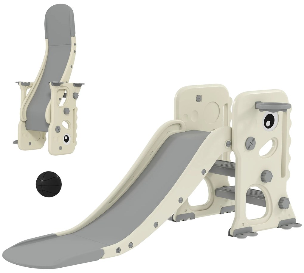 AIYAPLAY Escorrega Infantil 3 em 1 Dobrável com Escada Cesto de Basquetebol e Desenho de Dinossauro 146x52x65 cm Creme e Cinza