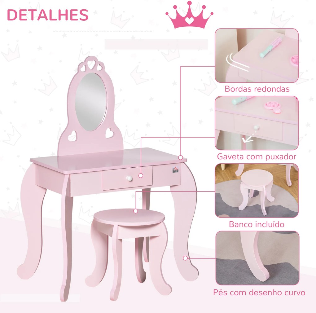 HOMCOM Toucador Infantil de Madeira para Crianças de 3-6 Anos com Banco e Espelho Estilo Princesa Mesa de Maquilhagem Infantil com Gaveta para Dormitório 60x36x88cm Rosa