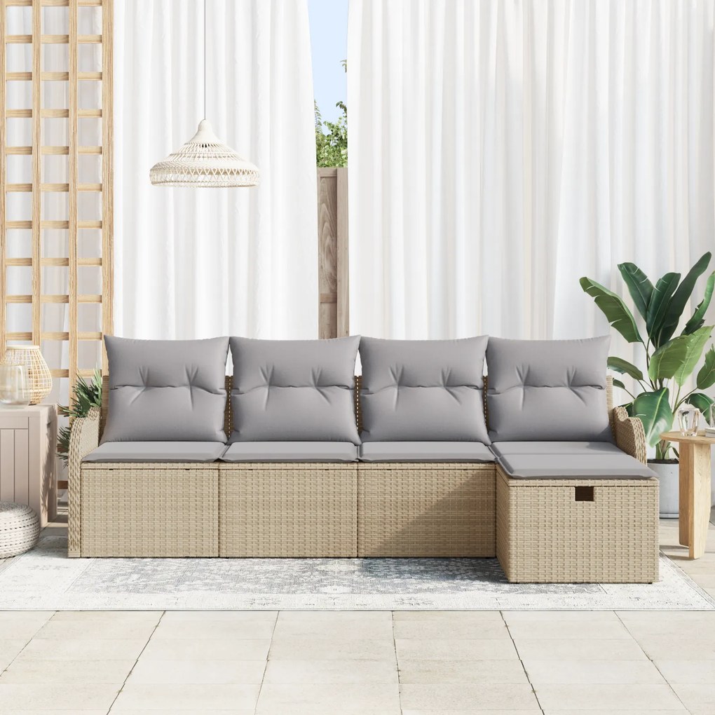 Conjunto de Sofá de Jardim de 5 Peças com Almofadas Bege em Vime de Po