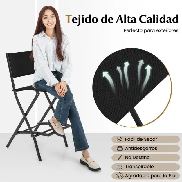 Conjunto de 2 bancos Bar dobráveis para varanda, jardim e piscina com estrutura metálica e apoio para os pés Carga de 150 kg 46 x 57 x 102 cm Preto