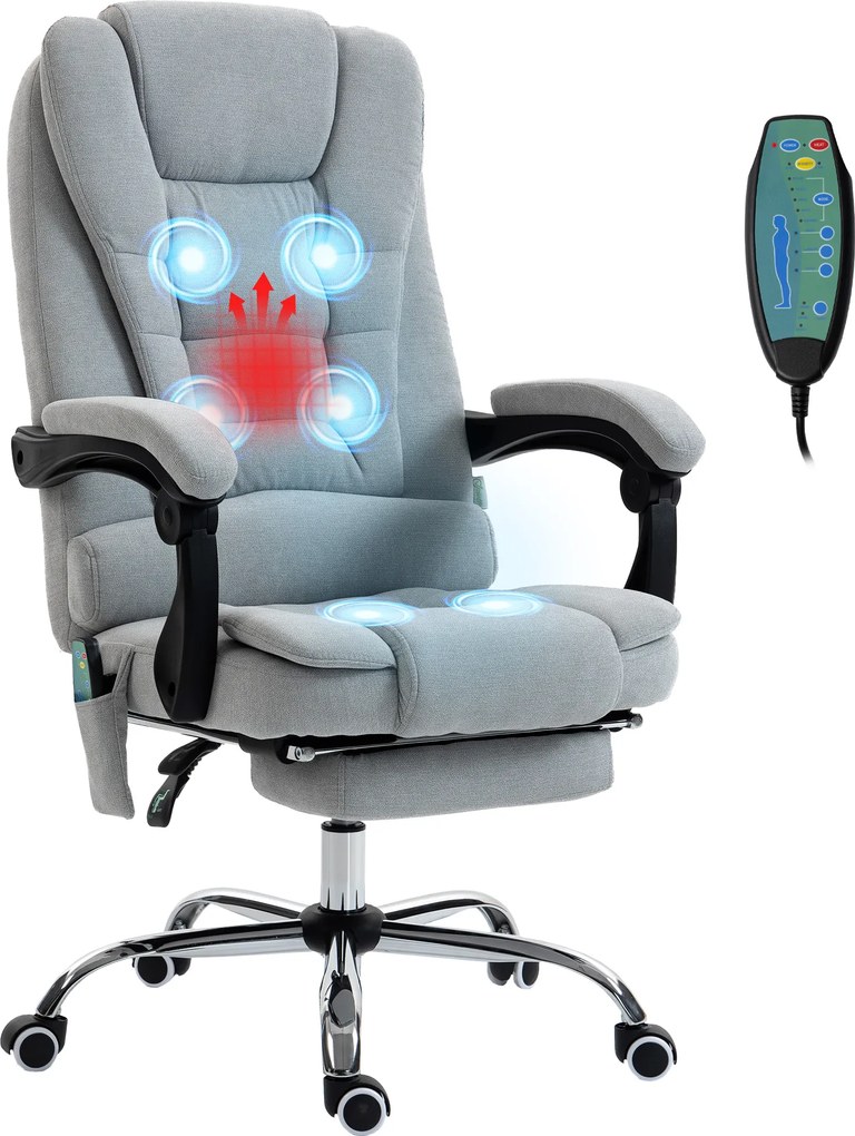 Cadeira de escritório com função de massagem e aquecimento, altura ajustável, encosto reclinável, 65x70x111-119 cm, cinzenta