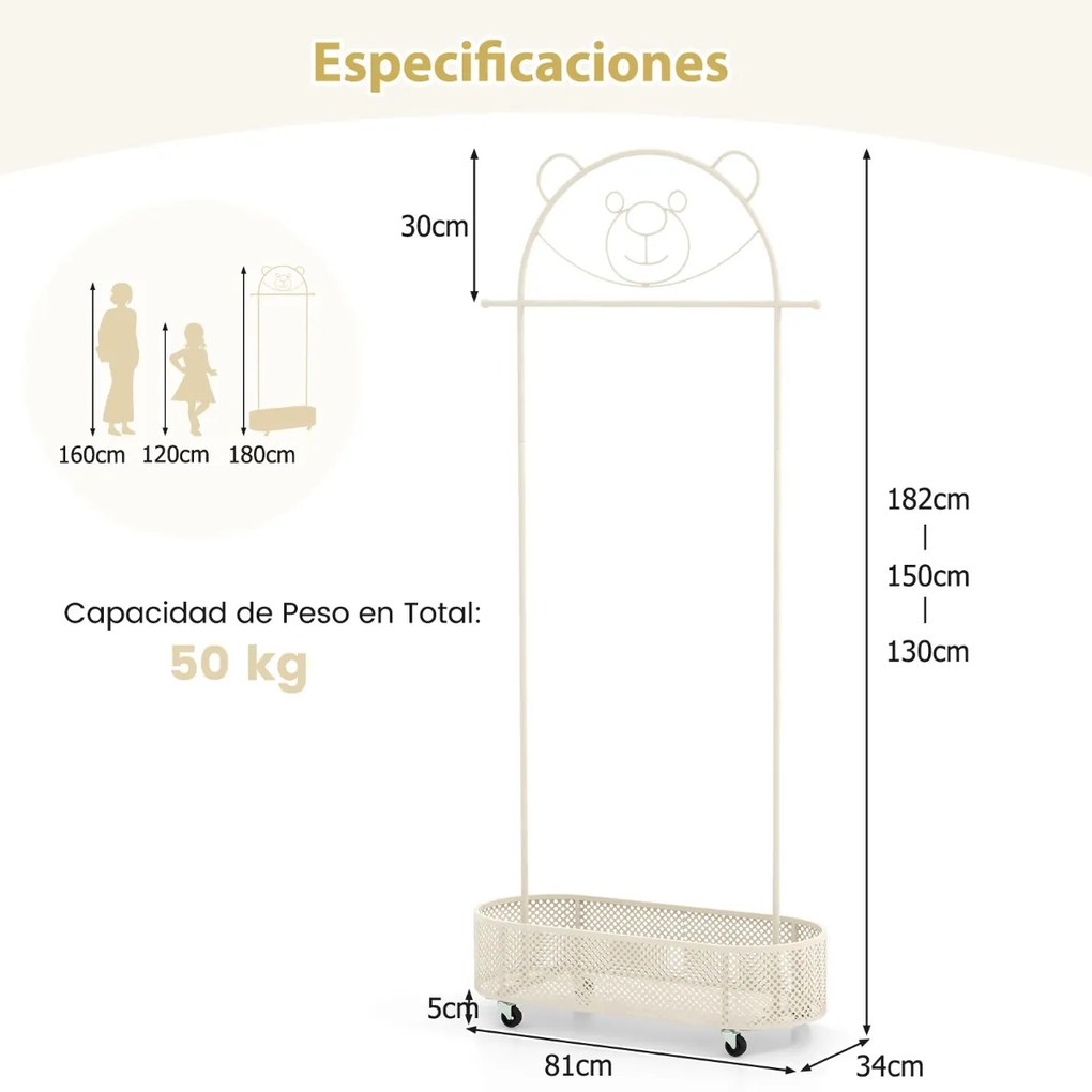 Guarda roupa para crianças com 3 alturas ajustáveis com rodas Armarios de livros de histórias com cesto Branco