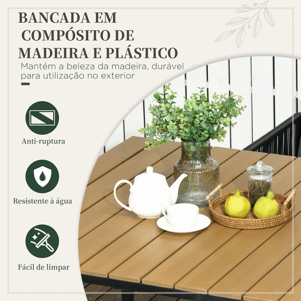 Conjunto de Jardim de Vime Sintético 5 Peças com Mesa Quadrada e 4 Cadeiras Almofadas Preto e Madeira