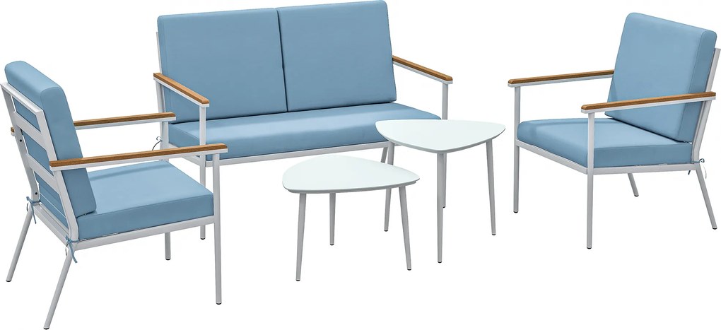 Outsunny Conjunto de Jardim 5 Peças Sofá 2 Lugares + 2 Poltronas e 2 Mesas Azul-Claro | Aosom Portugal
