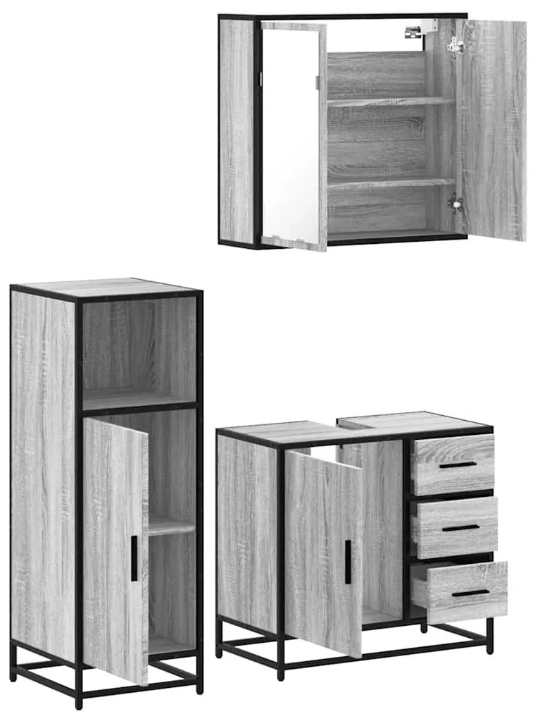 3 pcs Conjunto móveis casa de banho madeira proc. cinza sonoma