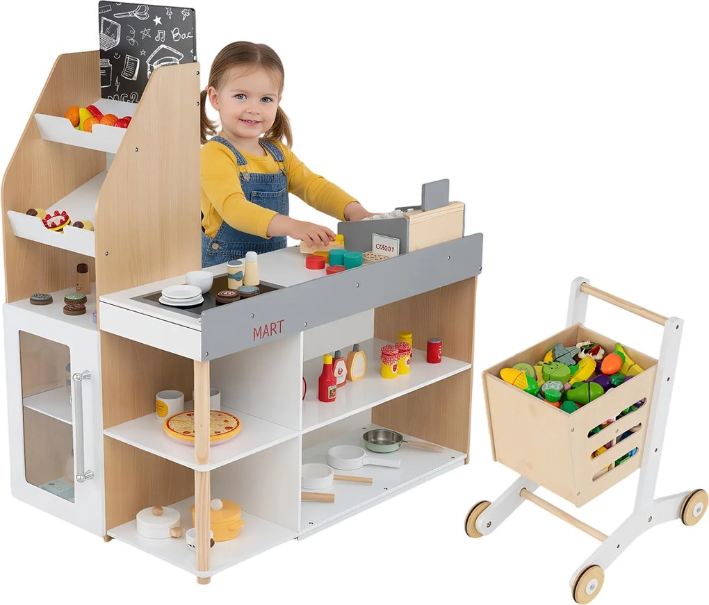 Conjunto de Loja Infantil com Carrinho de Compras e Caixa Registadora, 90 x 62,5 x 110,5 cm, Estrutura de Madeira, Natural