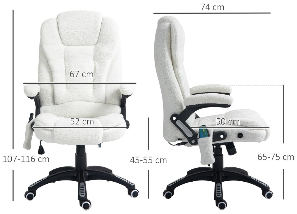 Cadeira de Massagem com 6 Pontos Reclinável até 130° com Função de Aquecimento Tecido em Borrego 67x74x107-116 cm Branco