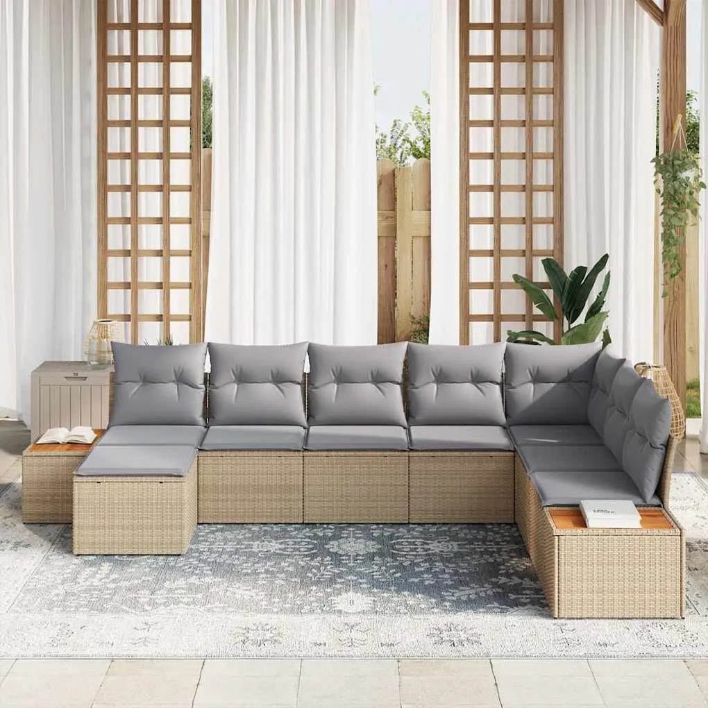 Conjunto de Sofá de Jardim com 8 Peças e Almofadas em Rattan Poli Bege