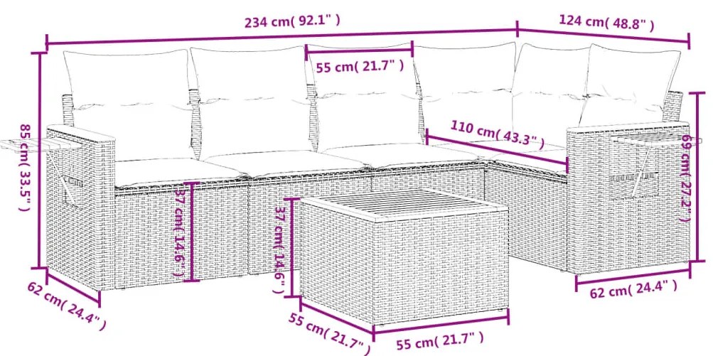 6 pcs conjunto sofás de jardim c/ almofadões vime PE preto