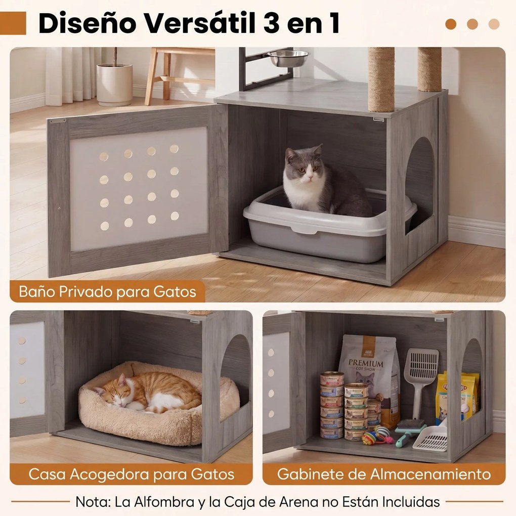 Arranhador para gatos 3 em 1  com vários níveis 72 x 43 x 117,5 cm, postes de sisal, condomínio, zona de refeições, bola suspensa, recinto e caixa de