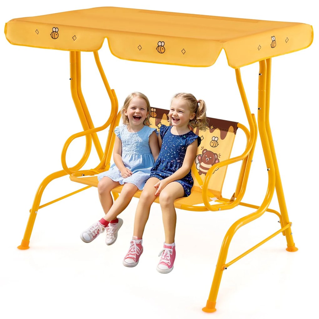 Baloiço infantil Hollywood para 2 crianças com toldo ajustável e estrutura metálica Amarelo