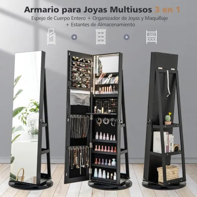 Armario Jóias rotativo 360° com luzes LED Espelho de corpo inteiro Estantes 54,5 x 161 cm Preto