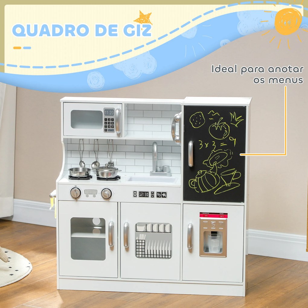 AIYAPLAY Cozinha de Brincar para Crianças Cozinha Infantil de Madeira com Acessórios Máquina de Gelo e Ardósia 83,8x26,8x81 cm Branco