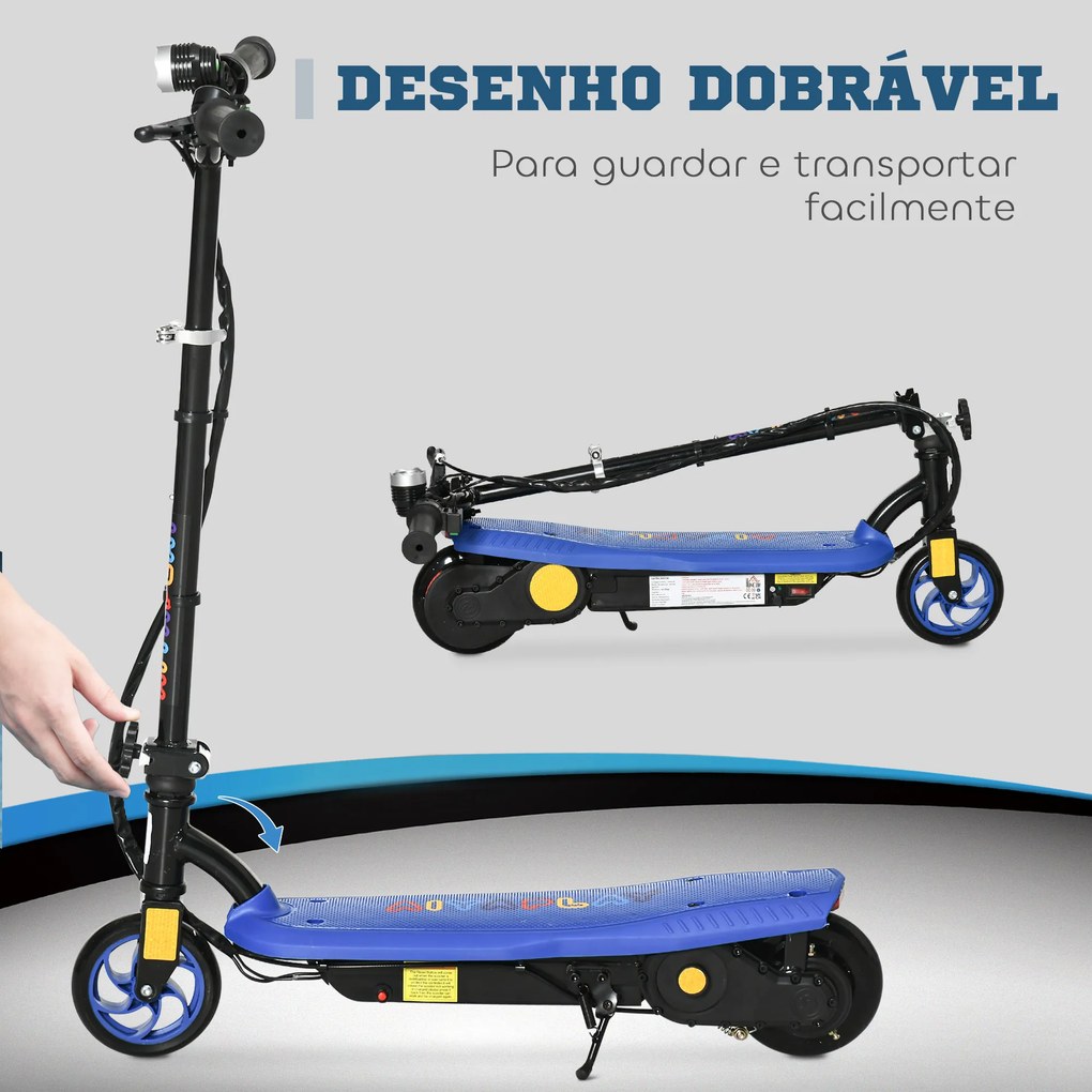 Trotinete Elétrica Dobrável com Velocidade Máx. 12 km/h Motor 120 W Autonomia Máxima 10 km e Farol LED 75x48x93-105 cm Azul