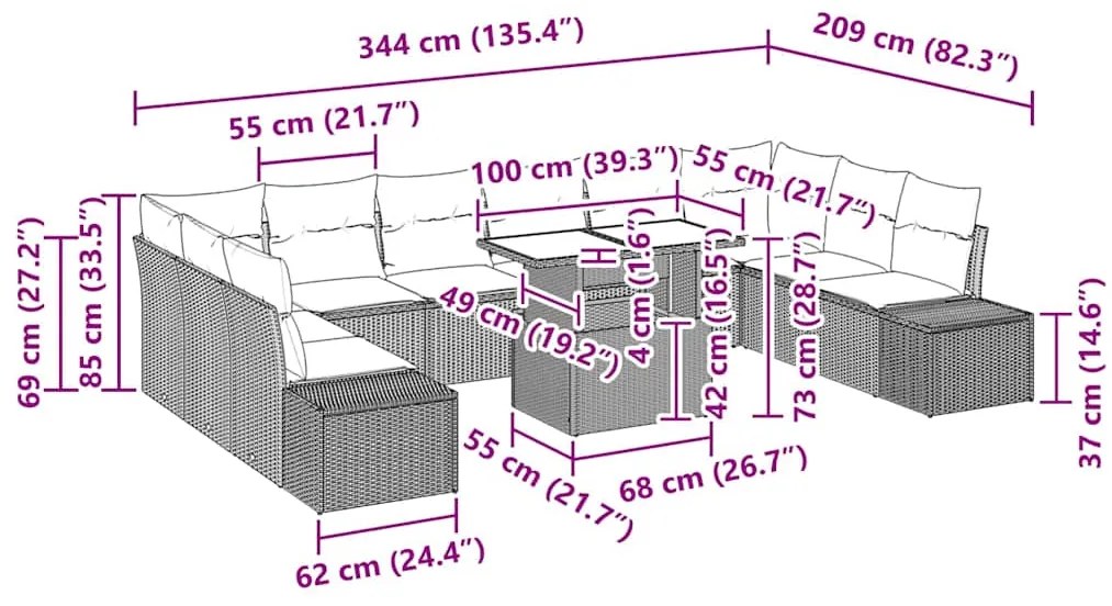 Sofá de Jardim 11 Peças com Almofadas Cinzas de Rattan Sintético