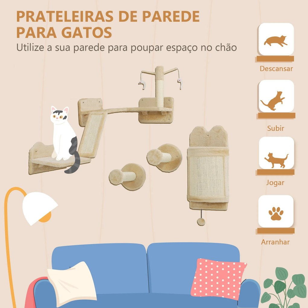 PawHut Prateiras de Parede para Gatos de 4 Peças Arranhador de Parede