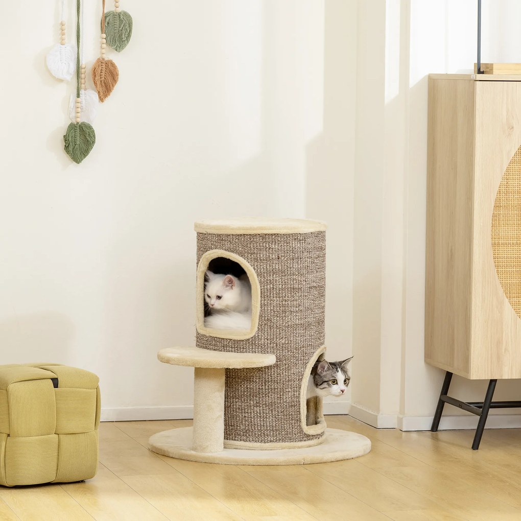 Arranhador em forma de barril com 2 níveis e plataforma, ideal para os gatos afiarem as unhas e brincarem, 60 x 60 x 61 cm, bege